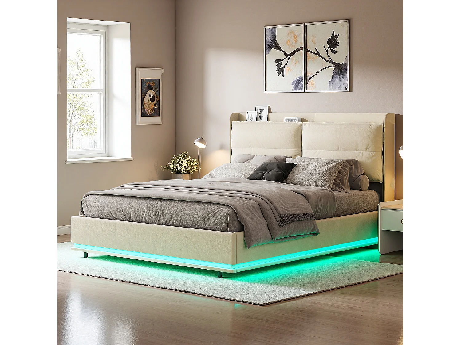 Letto Matrimoniale con Contenitore 160x200 cm con Luci LED - Velluto Beige - Testiera Imbottita Ergonomica - Stile Scandinavo