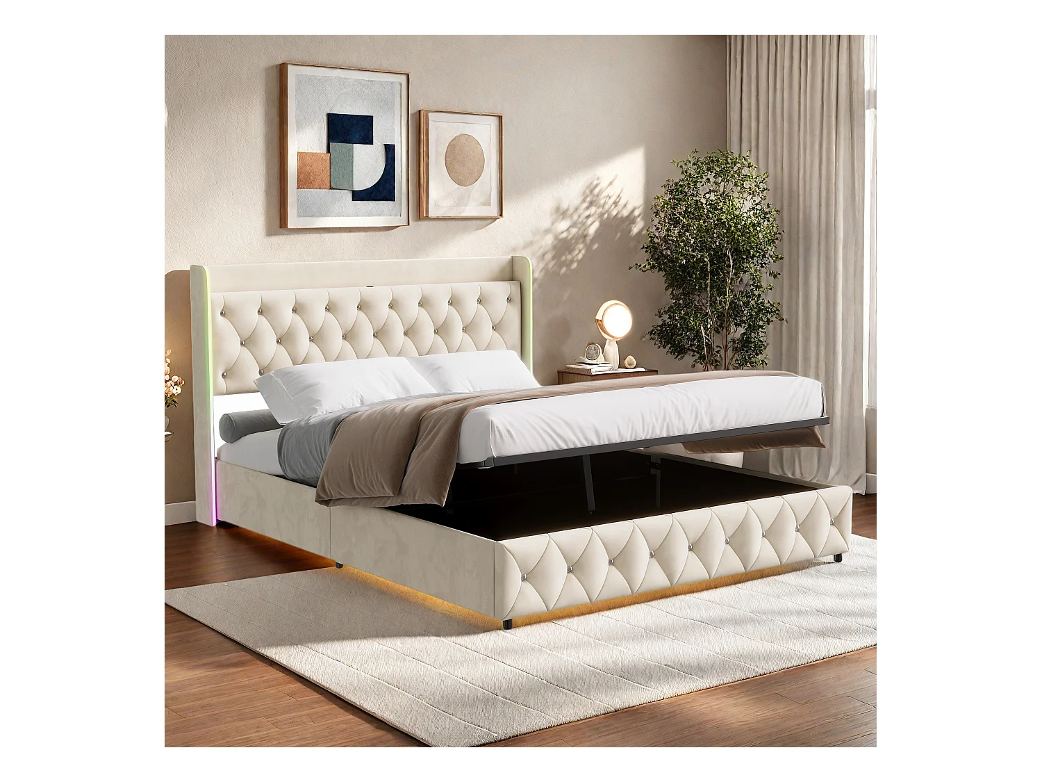 Lit 160x200 CM avec Sommier-Lit Adulte avec LED et USB-Lit Coffre avec Coffre de Rangement-2 Personnes-Beige-Velours