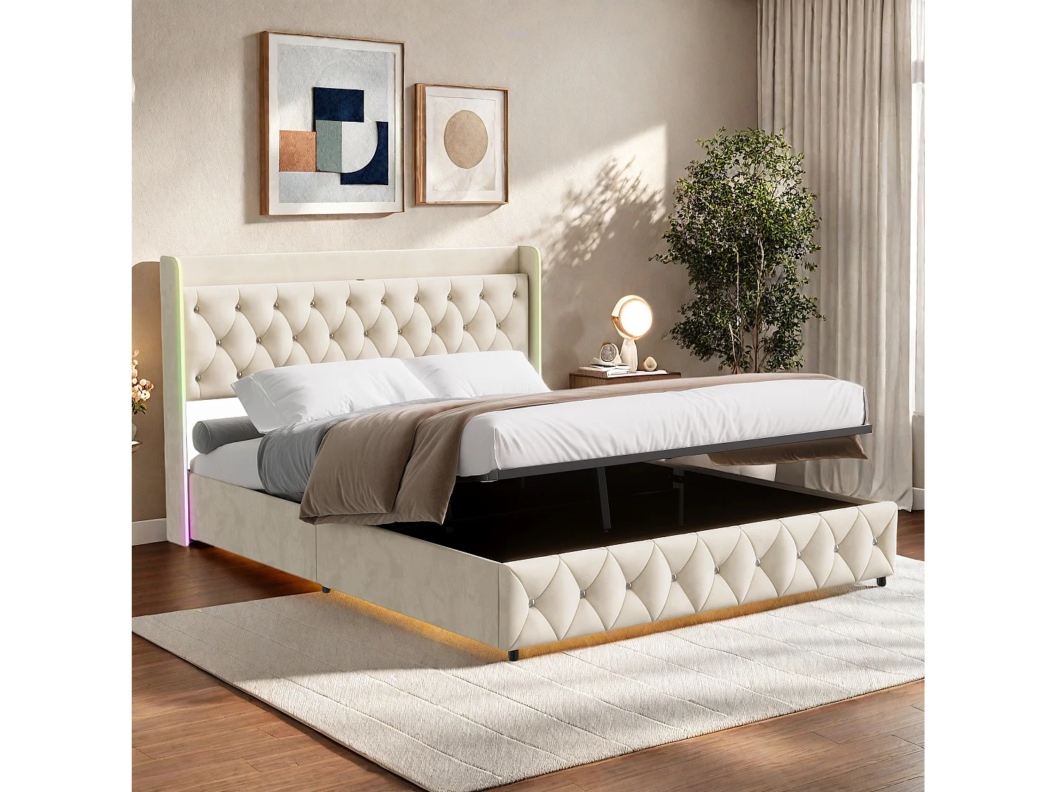 Lit 160x200 CM avec Sommier-Lit Adulte avec LED et USB-Lit Coffre avec Coffre de Rangement-2 Personnes-Beige-Velours