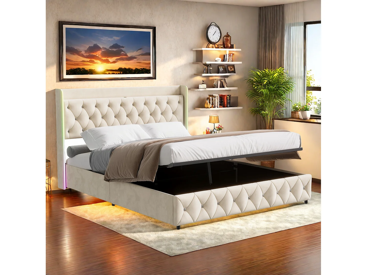 Lit 160x200 CM avec Sommier-Lit Adulte avec LED et USB-Lit Coffre avec Coffre de Rangement-2 Personnes-Beige-Velours