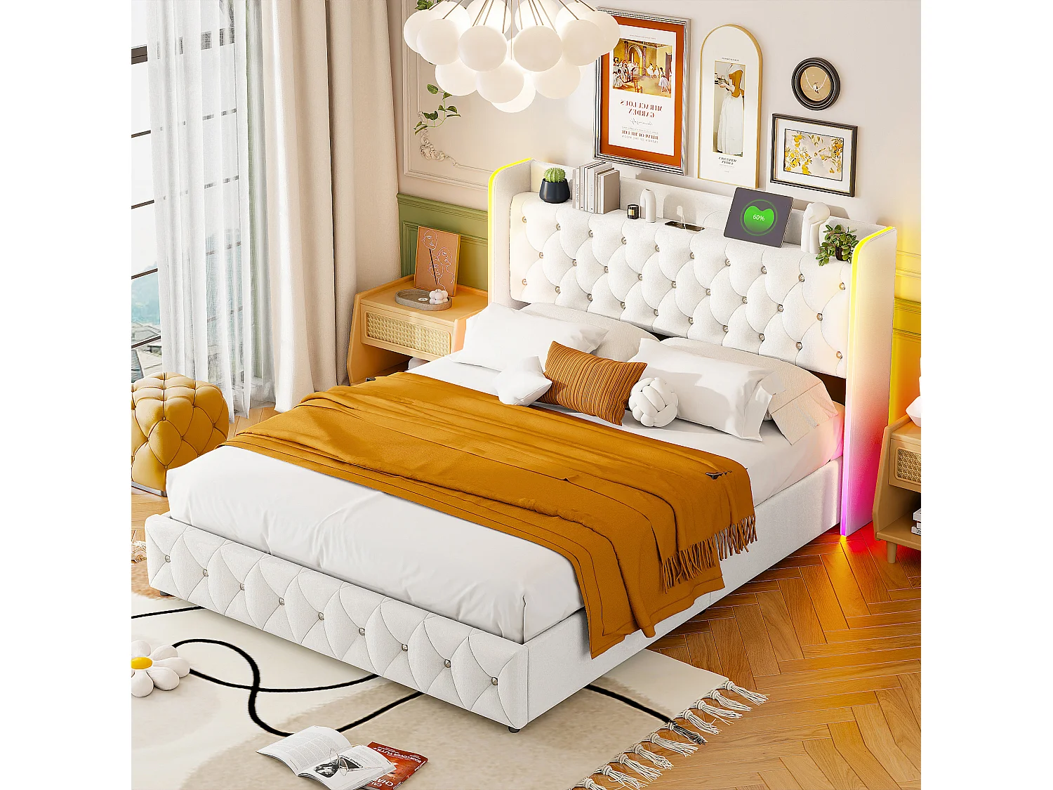 Lit coffre 160x 200 cm avec LED et USB - beige - velours