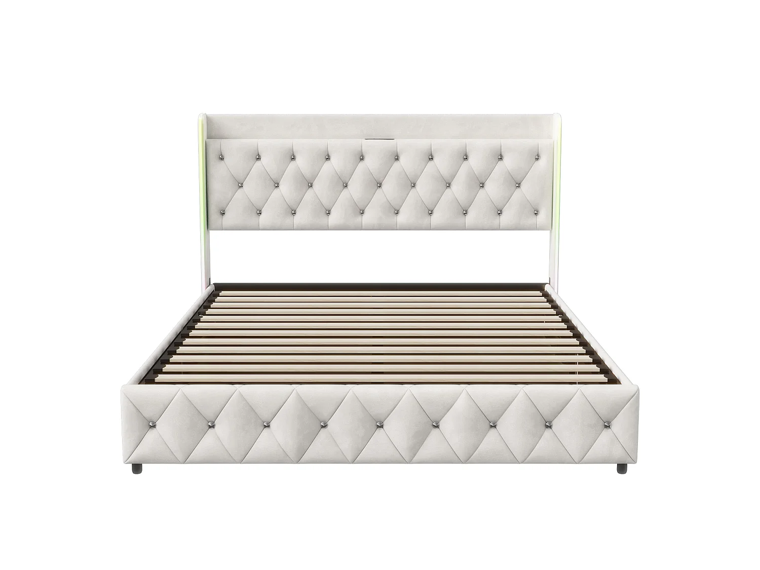 Opbergbed 160x200 cm beige fluweel met geïntegreerde LED, USB, hydraulische opbergruimte en capitonné hoofdbord