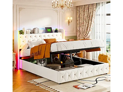 Lit coffre 160x 200 cm avec LED et USB - beige - velours