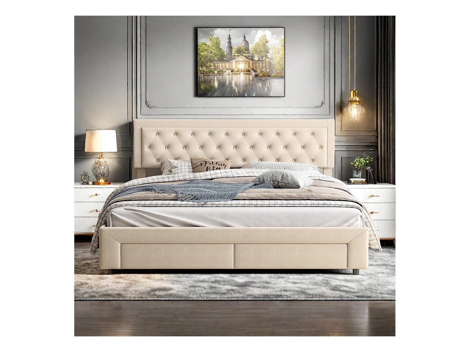 Lit Coffre 180x200 cm Lit fonctionnel Lit 2 Personnes Hydraulique avec Sommier, Espace de Rangement+2 Tiroirs, Beige