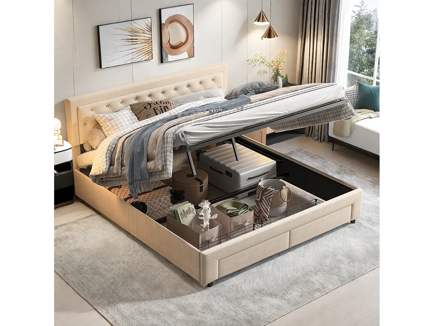 Beige Samt Gepolstertes Aufbewahrungsbett 180x200 cm mit Hydrauliklift, 2 Schubladen - Skandinavischer Stil