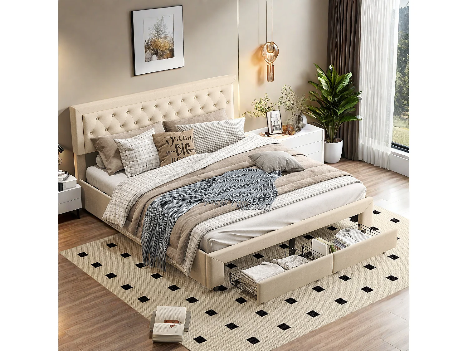 Beige Samt Gepolstertes Aufbewahrungsbett 180x200 cm mit Hydrauliklift, 2 Schubladen - Skandinavischer Stil