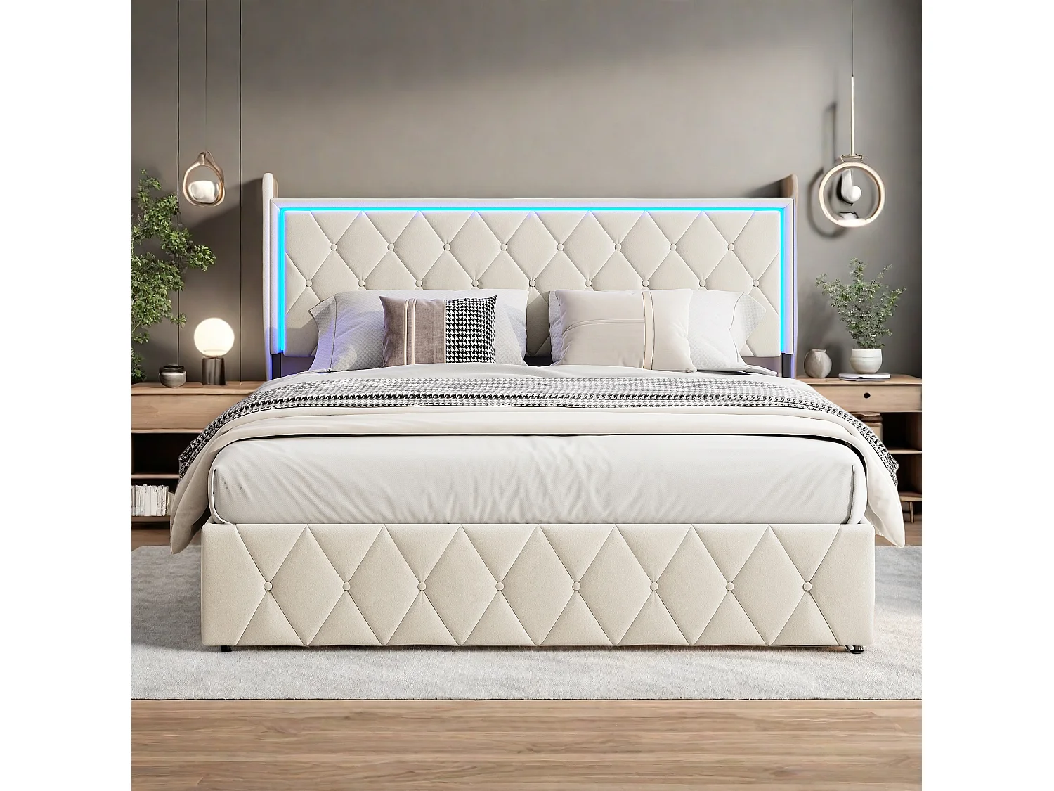 Lit Coffre Adulte 160x200 cm Capitonné en Velours Lit Double avec LED Espace de Rangement Sommier Lit Adulte
