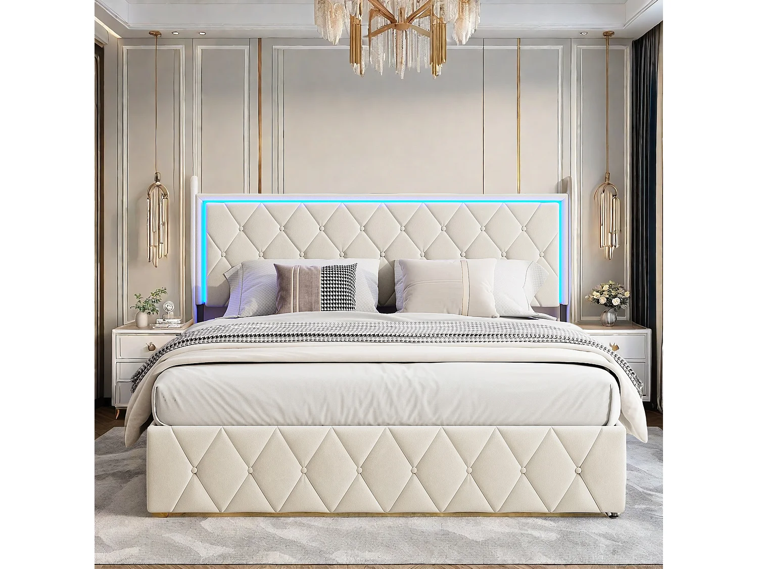 Lit Coffre Adulte 160x200 cm Capitonné en Velours Lit Double avec LED Espace de Rangement Sommier Lit Adulte