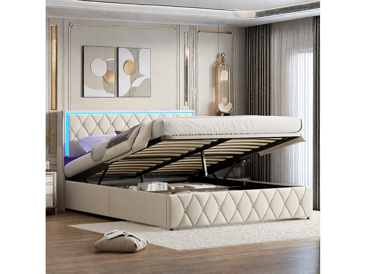 Lit Coffre Adulte 160x200 cm Capitonné en Velours Lit Double avec LED Espace de Rangement Sommier Lit Adulte