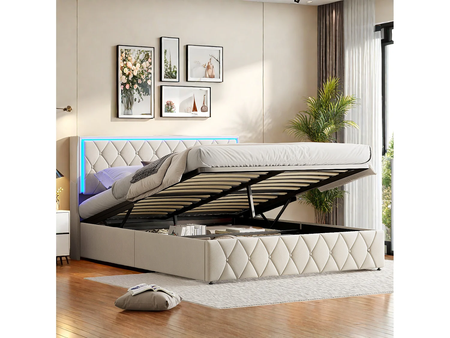 Lit Coffre Adulte 160x200 cm Capitonné en Velours Lit Double avec LED Espace de Rangement Sommier Lit Adulte