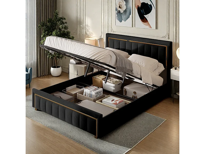 Lit Coffre 140x200 cm avec Grand Espace de rangement, Lit capitonné avec sommier à lattes, 2 personnes, velours, noir