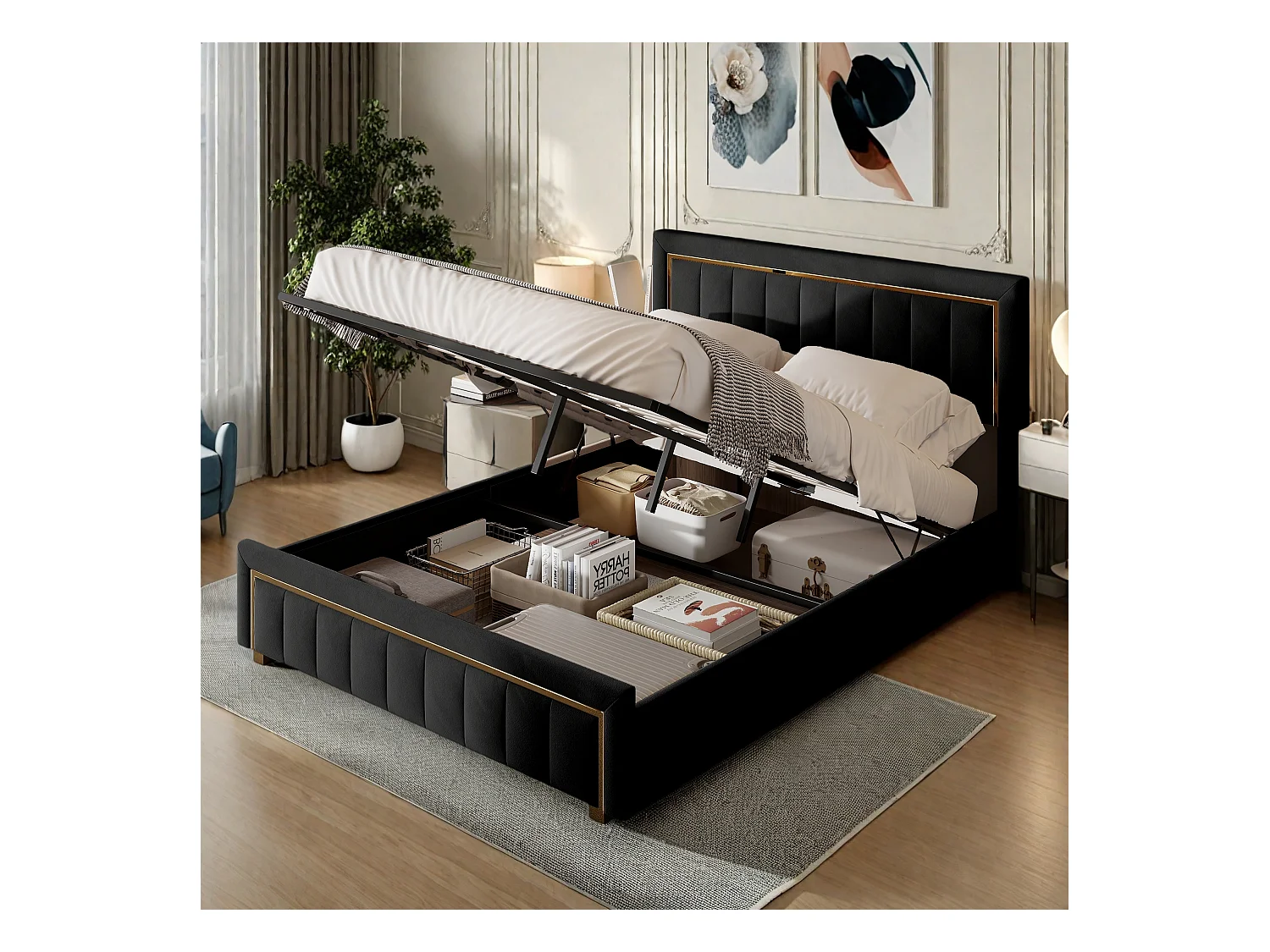 Lit Coffre 140x200 cm avec Grand Espace de rangement, Lit capitonné avec sommier à lattes, 2 personnes, velours, noir