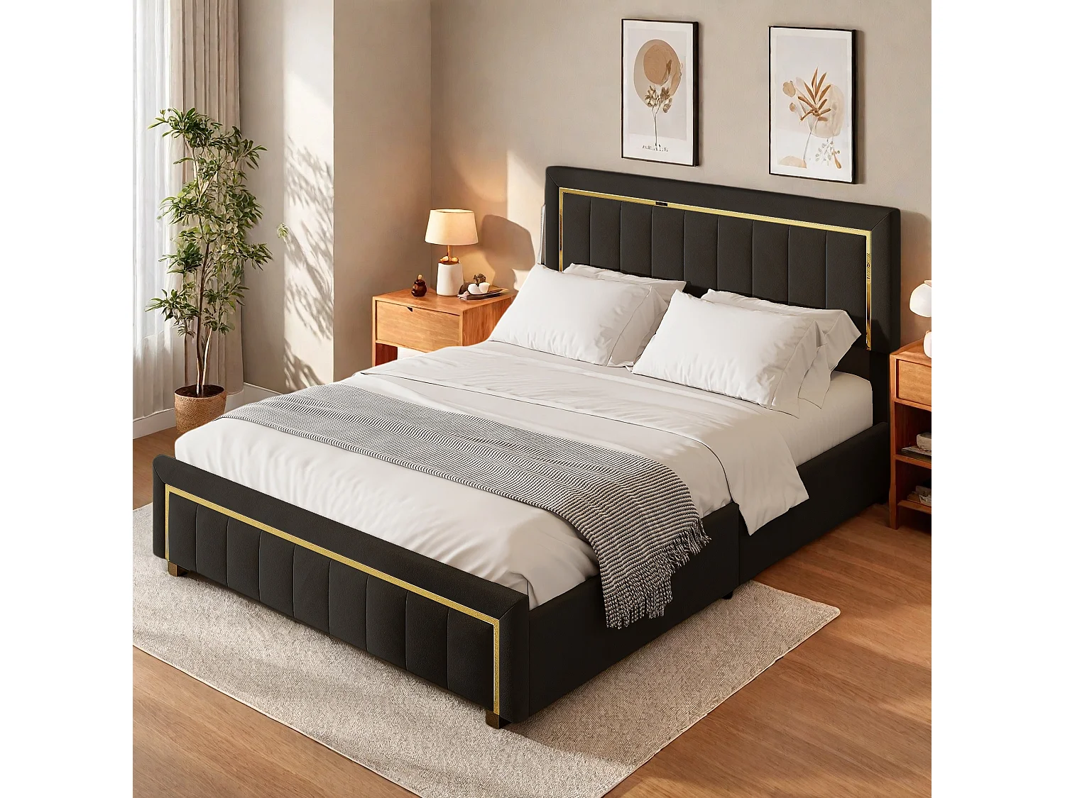 Lit Coffre 140x200 cm avec Grand Espace de rangement, Lit capitonné avec sommier à lattes, 2 personnes, velours, noir