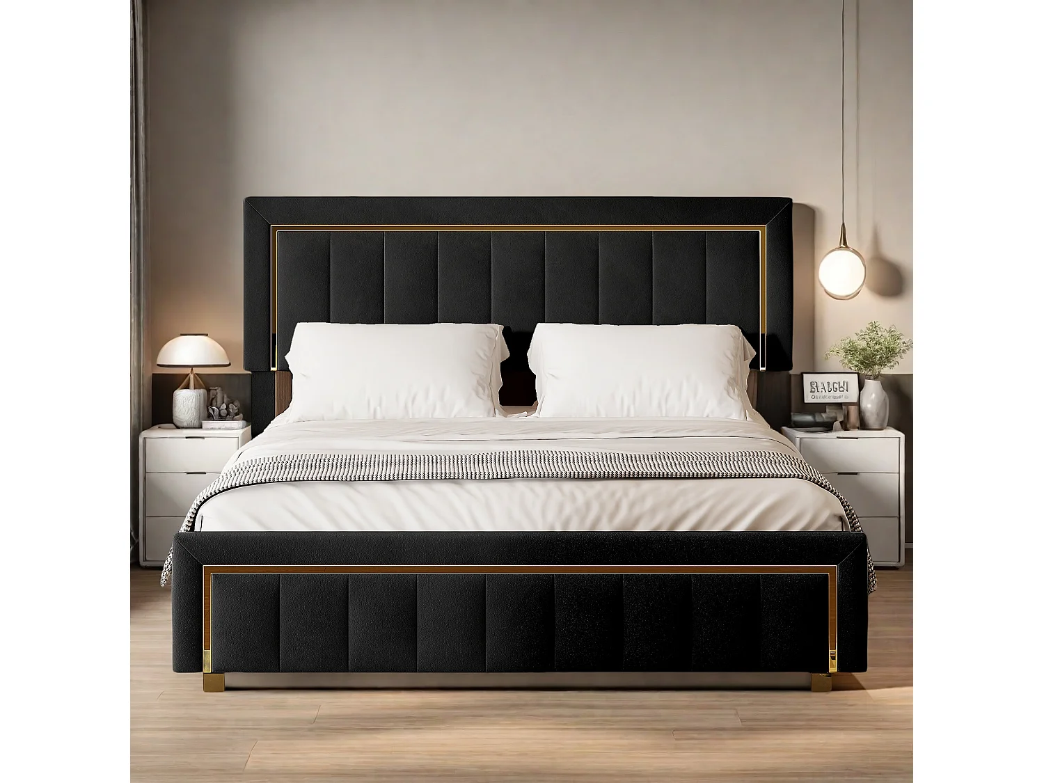 Lit Coffre 140x200 cm avec Grand Espace de rangement, Lit capitonné avec sommier à lattes, 2 personnes, velours, noir