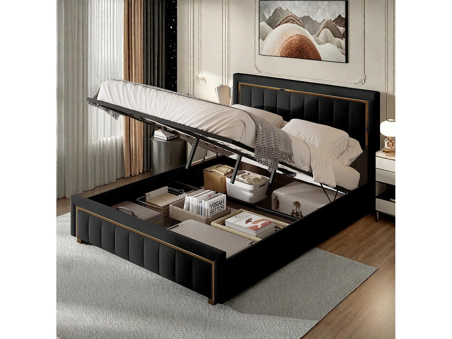 Lit Coffre 140x200 cm avec Grand Espace de rangement, Lit capitonné avec sommier à lattes, 2 personnes, velours, noir