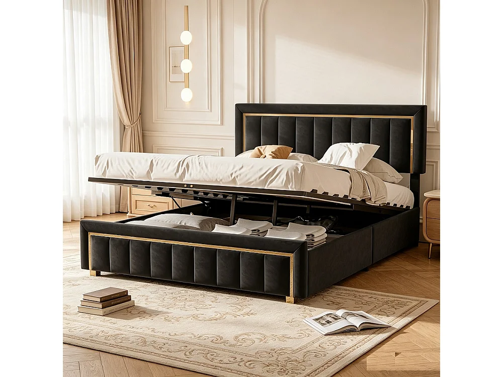Cama baúl escandinava 140x200 cm terciopelo negro con almacenamiento hidráulico y cabecero dorado