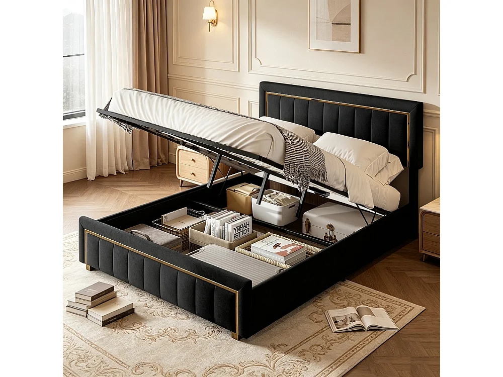 Cama baúl escandinava 140x200 cm terciopelo negro con almacenamiento hidráulico y cabecero dorado