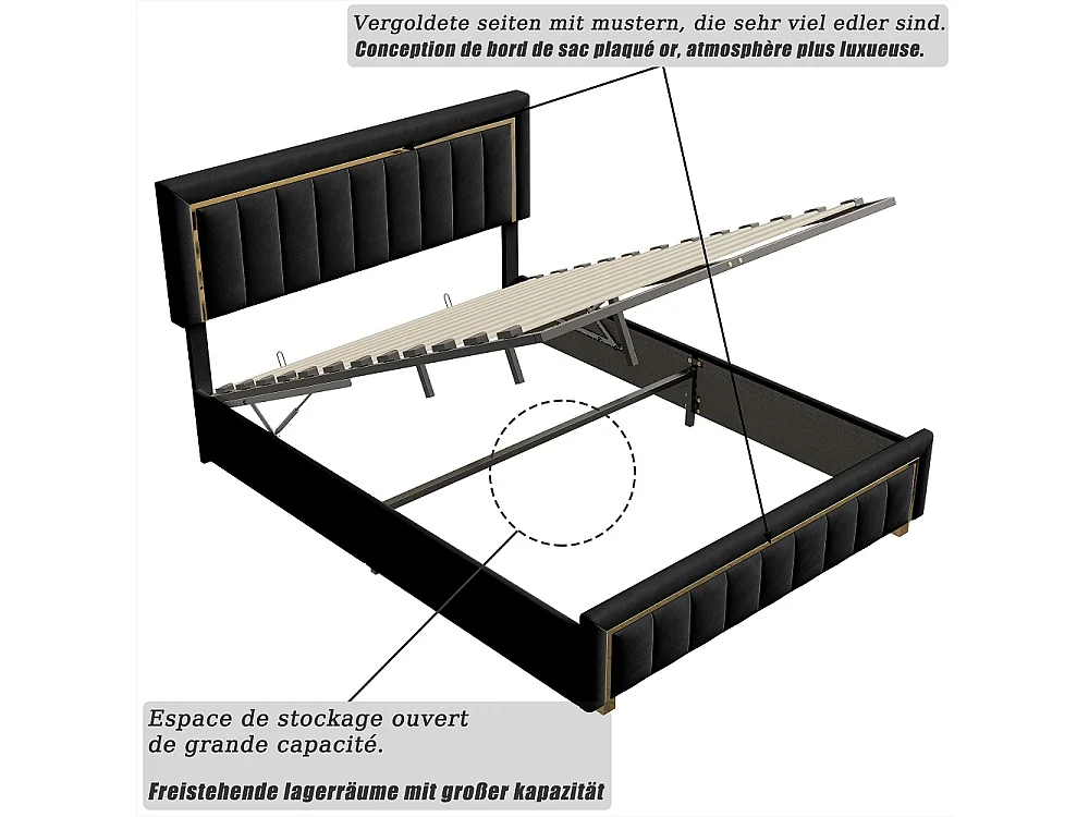 Cama baúl escandinava 140x200 cm terciopelo negro con almacenamiento hidráulico y cabecero dorado
