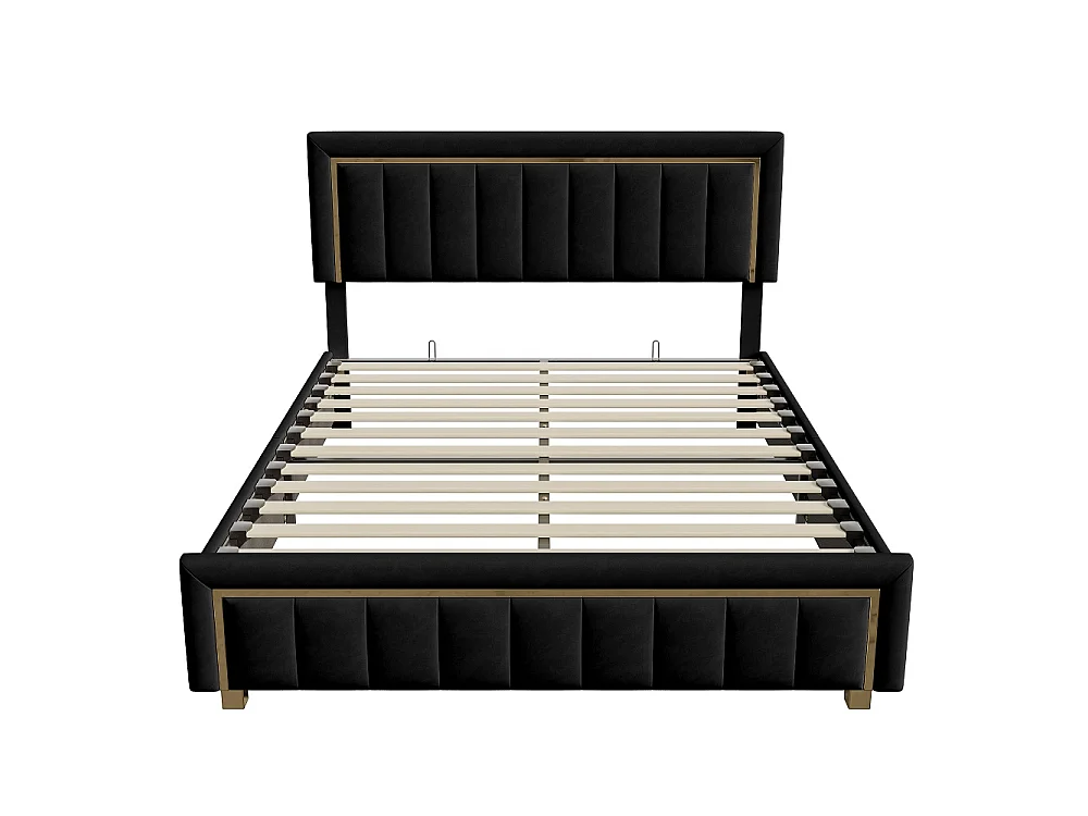 Cama baúl escandinava 140x200 cm terciopelo negro con almacenamiento hidráulico y cabecero dorado