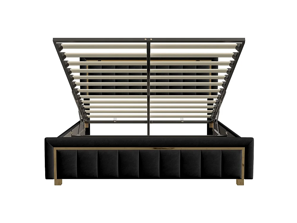 Cama baúl escandinava 140x200 cm terciopelo negro con almacenamiento hidráulico y cabecero dorado