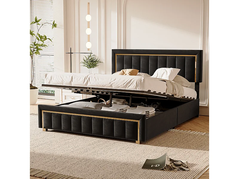 Lit coffre à pistons hydrauliques 140 x 200 cm - Noir - Velours