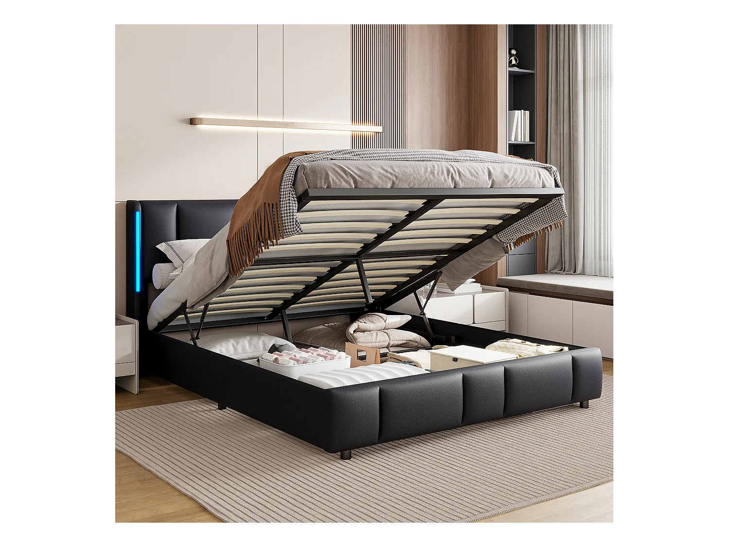 Lit coffre 160x200 cm avec sommier à lattes et coffre de rangement, Lit Adulte avec LED intégrée, 2 personnes, PU, Noir