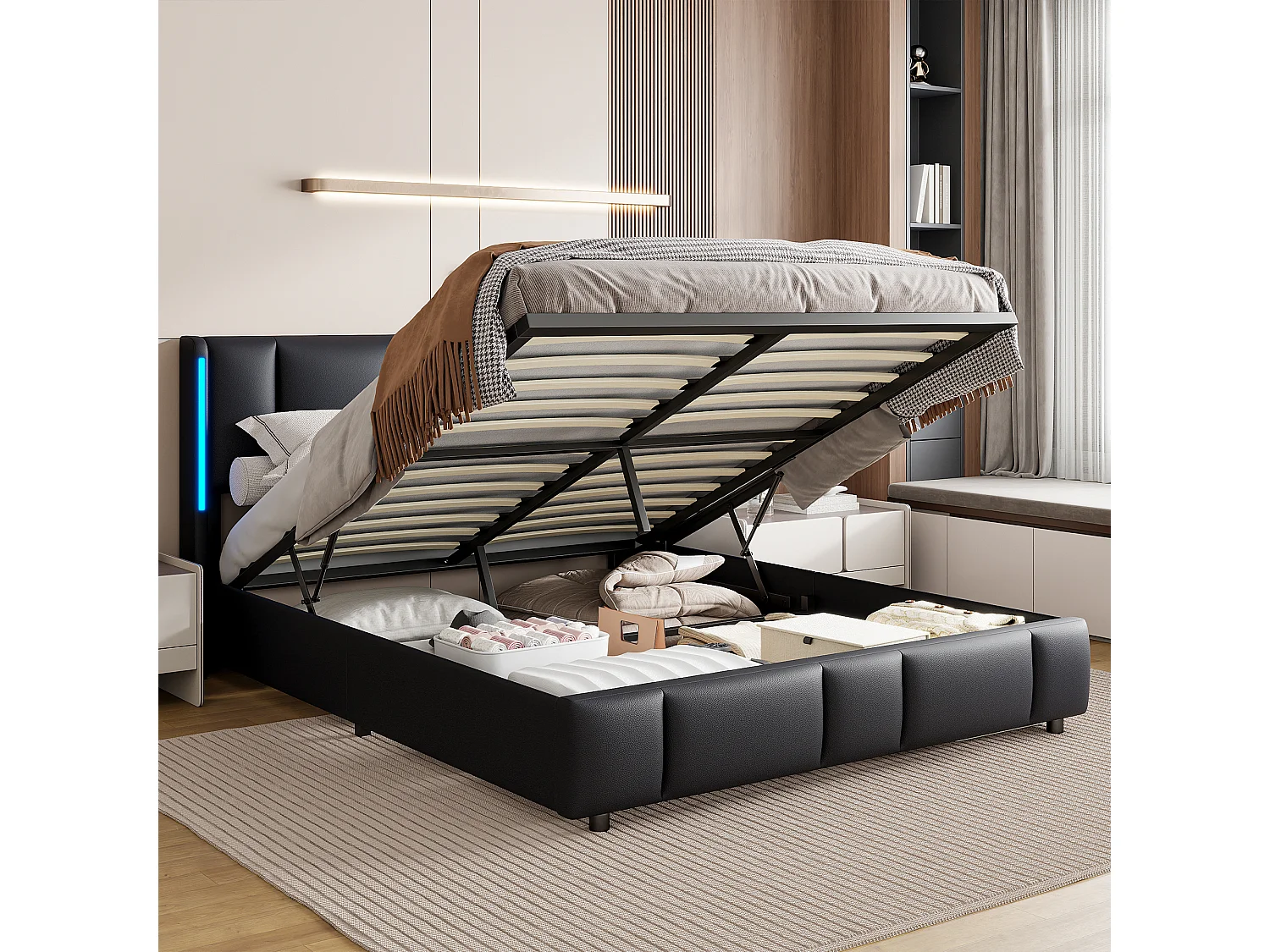 Lit coffre 160x200 cm avec sommier à lattes et coffre de rangement, Lit Adulte avec LED intégrée, 2 personnes, PU, Noir