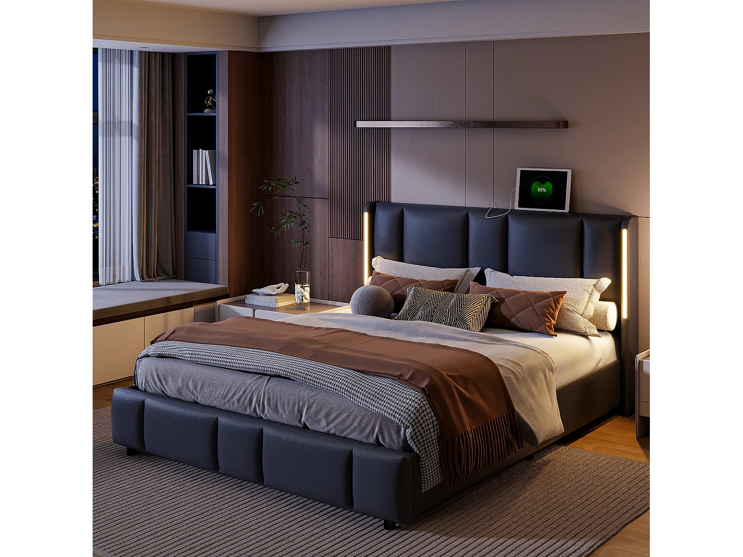 Lit coffre 160x200 cm avec sommier à lattes et coffre de rangement, Lit Adulte avec LED intégrée, 2 personnes, PU, Noir