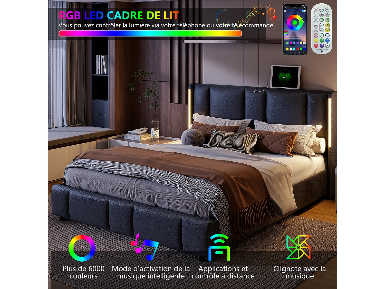 Lit coffre 160x200 cm avec sommier à lattes et coffre de rangement, Lit Adulte avec LED intégrée, 2 personnes, PU, Noir