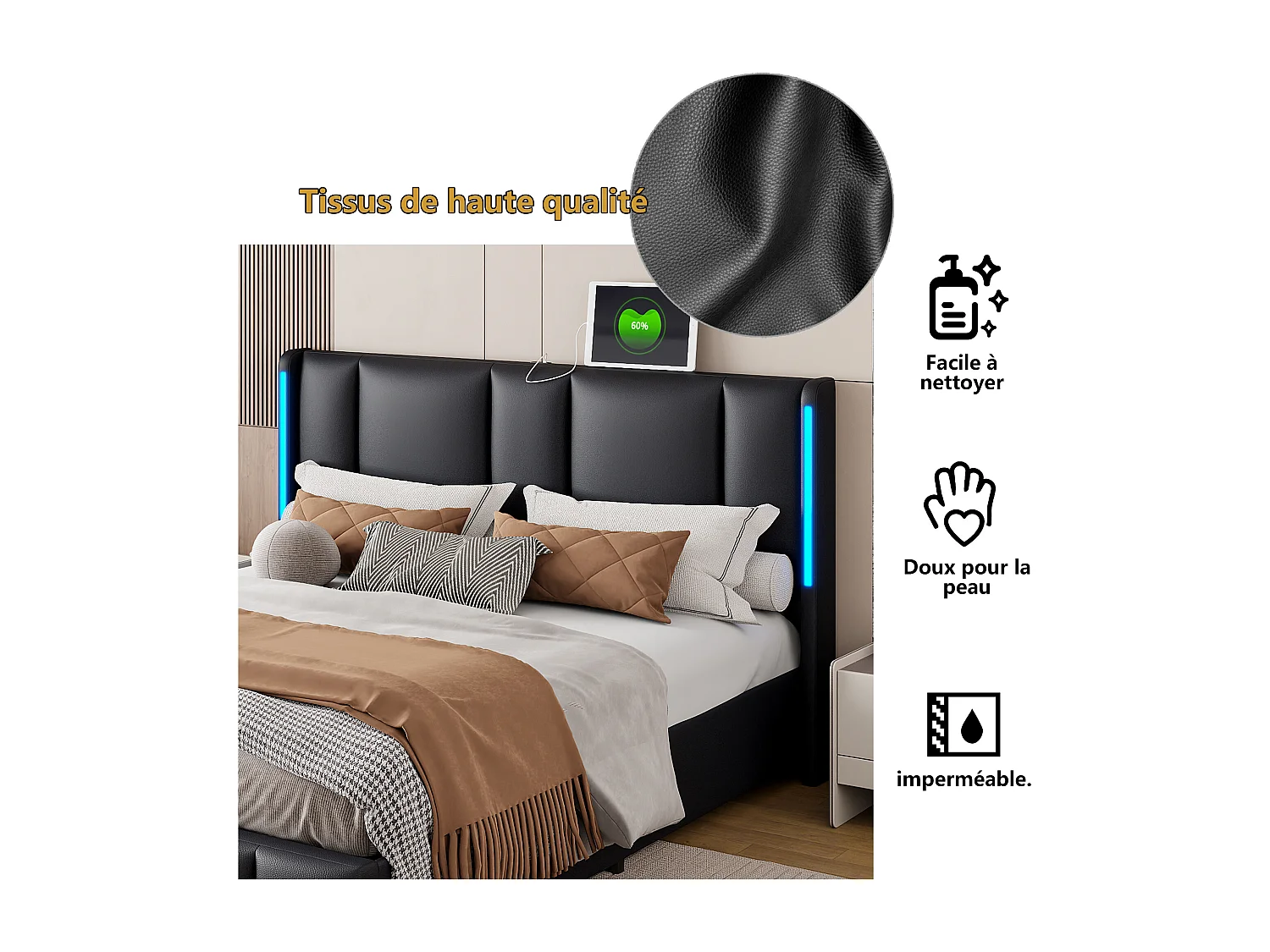 Lit coffre 160x200 cm avec sommier à lattes et coffre de rangement, Lit Adulte avec LED intégrée, 2 personnes, PU, Noir