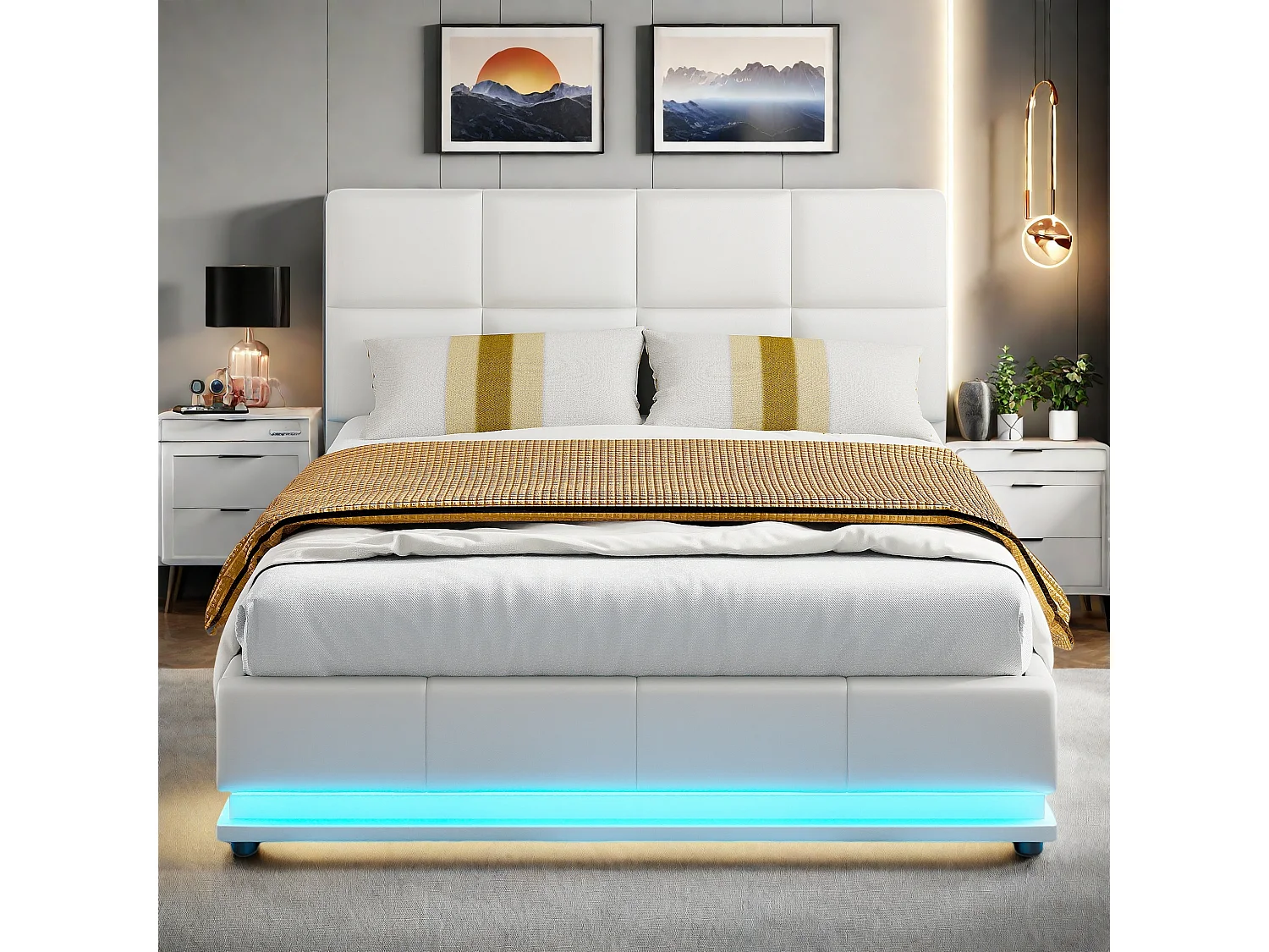 Łóżko z Pojemnikiem dla Dorosłych 140x190 cm Białe z Wbudowanym LED, Hydraulicznym Schowkiem i Stelażem - Styl Skandynawski z Szafką Nocną