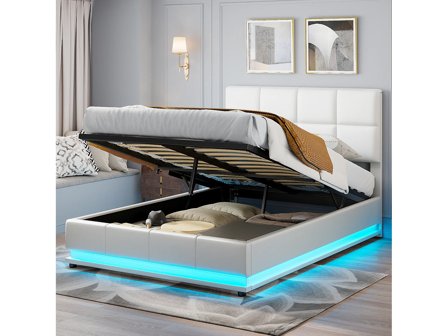 Łóżko z Pojemnikiem dla Dorosłych 140x190 cm Białe z Wbudowanym LED, Hydraulicznym Schowkiem i Stelażem - Styl Skandynawski z Szafką Nocną