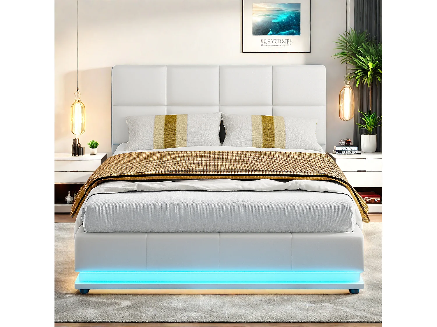 Łóżko z Pojemnikiem dla Dorosłych 140x190 cm Białe z Wbudowanym LED, Hydraulicznym Schowkiem i Stelażem - Styl Skandynawski z Szafką Nocną