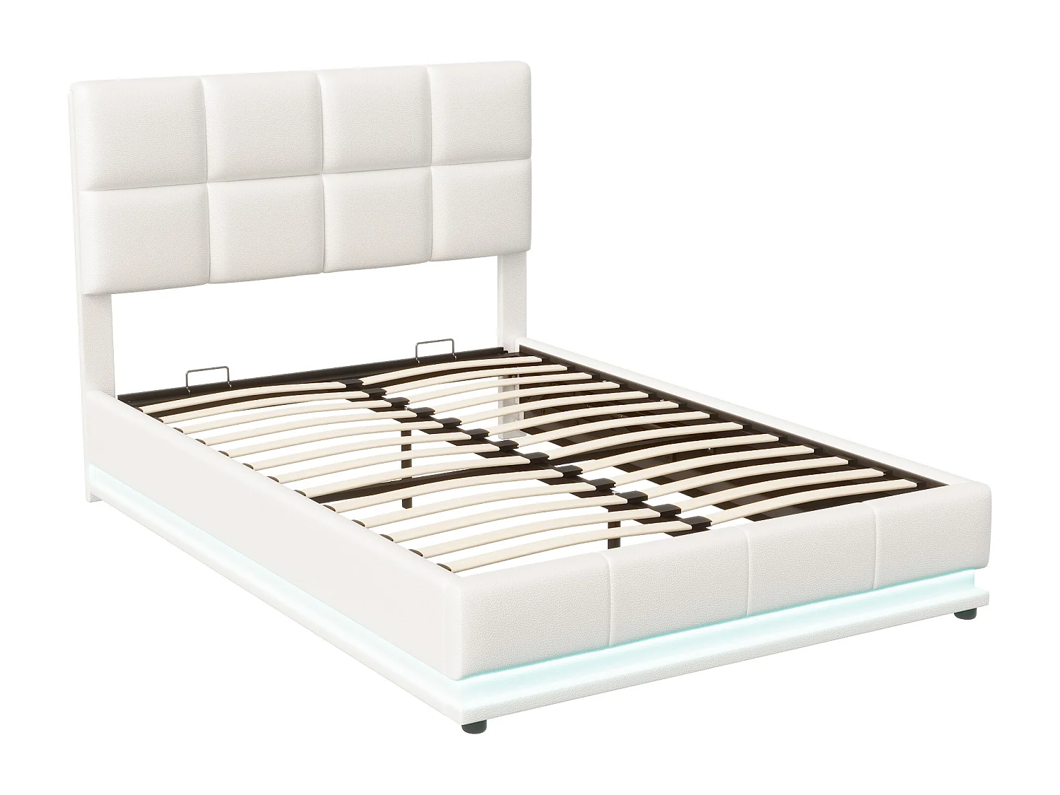 Lit Coffre - Lit Adulte pour Double 140x190 cm avec lumineuse LED - Coffre de rangement - Sommier inclus - PU Blanc