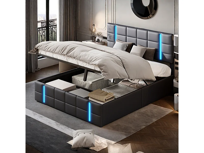 Lit double 140x200 cm avec LED, Lit coffre avec USB, Lit double rembourré, Sommier à lattes, PU, Noir