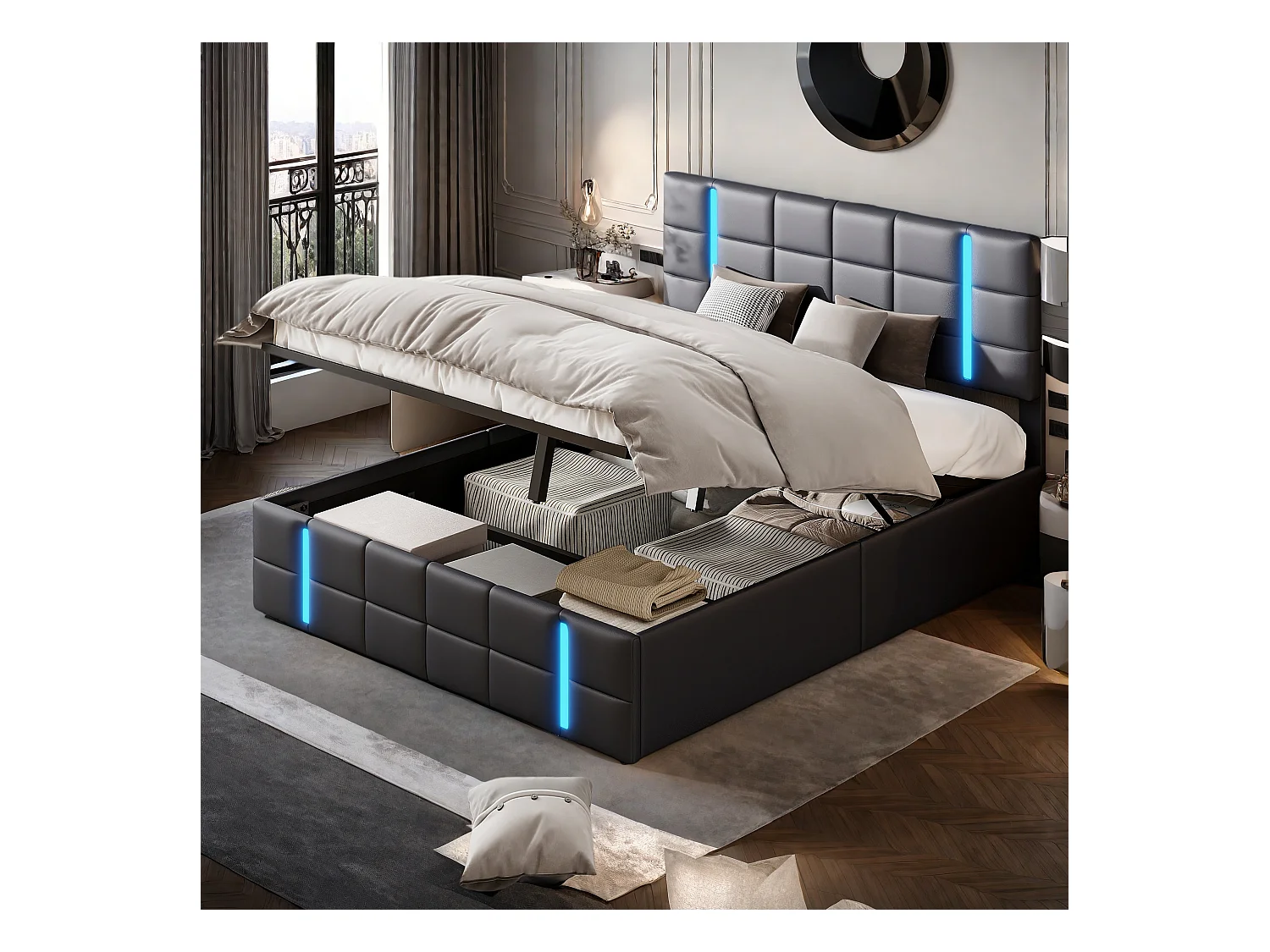 Lit double 140x200 cm avec LED, Lit coffre avec USB, Lit double rembourré, Sommier à lattes, PU, Noir