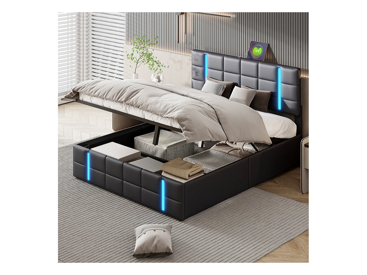 Lit Coffre 140x200 cm avec sommier et coffre de rangement, Lit Adulte avec LED et USB, Hydraulique Rangement, PU, Noir