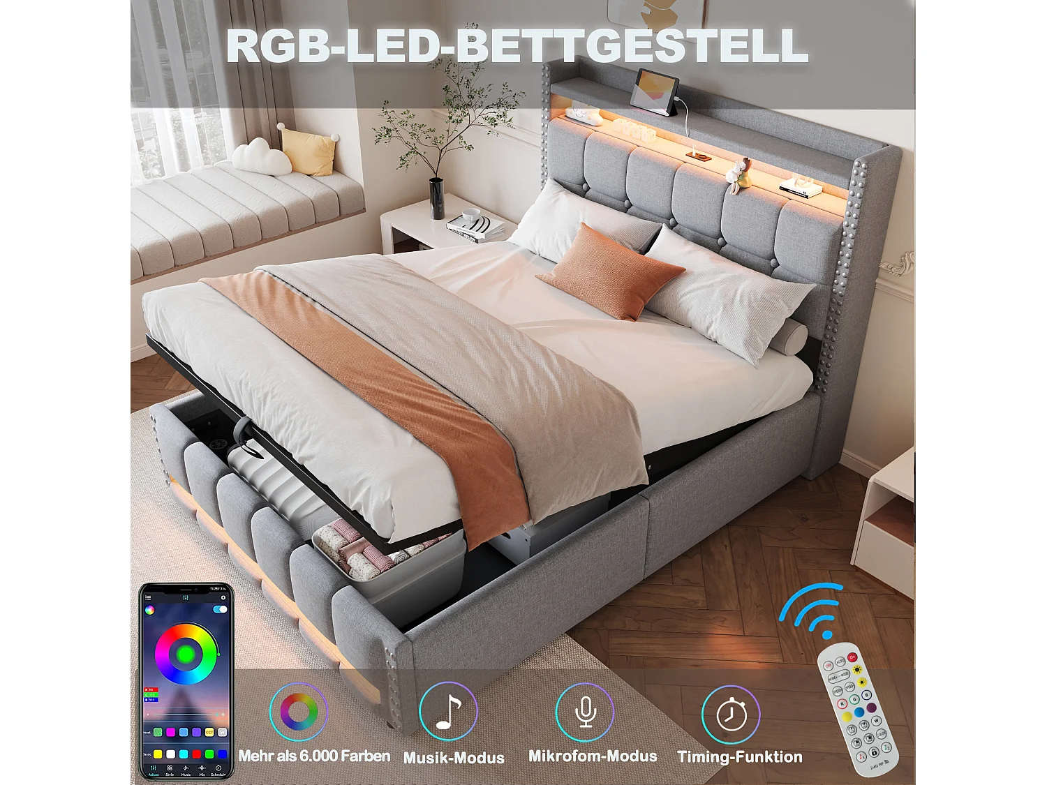 Lit coffre 140x200cm en lin gris, Sommier à lattes en bois,Sans matelas, Lit LED 2 personnes, Hydraulique rangement