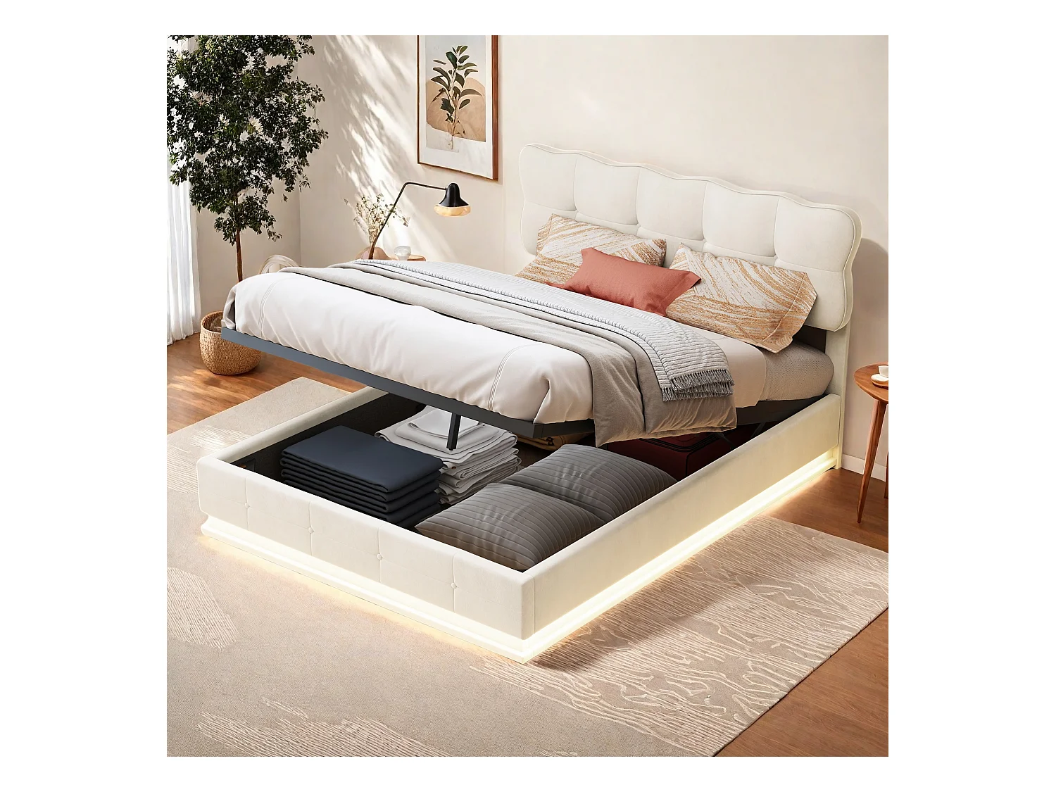 Lit Coffre avec Hydraulique rangement, Lumineuse LED, Lit Adulte 140x190 cm, Sommier à lattes, Beige, Tissu velours