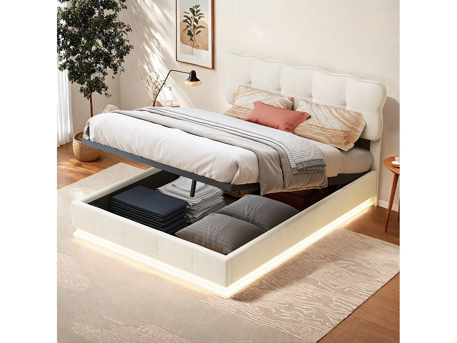 Lit Coffre avec Hydraulique rangement, Lumineuse LED, Lit Adulte 140x190 cm, Sommier à lattes, Beige, Tissu velours