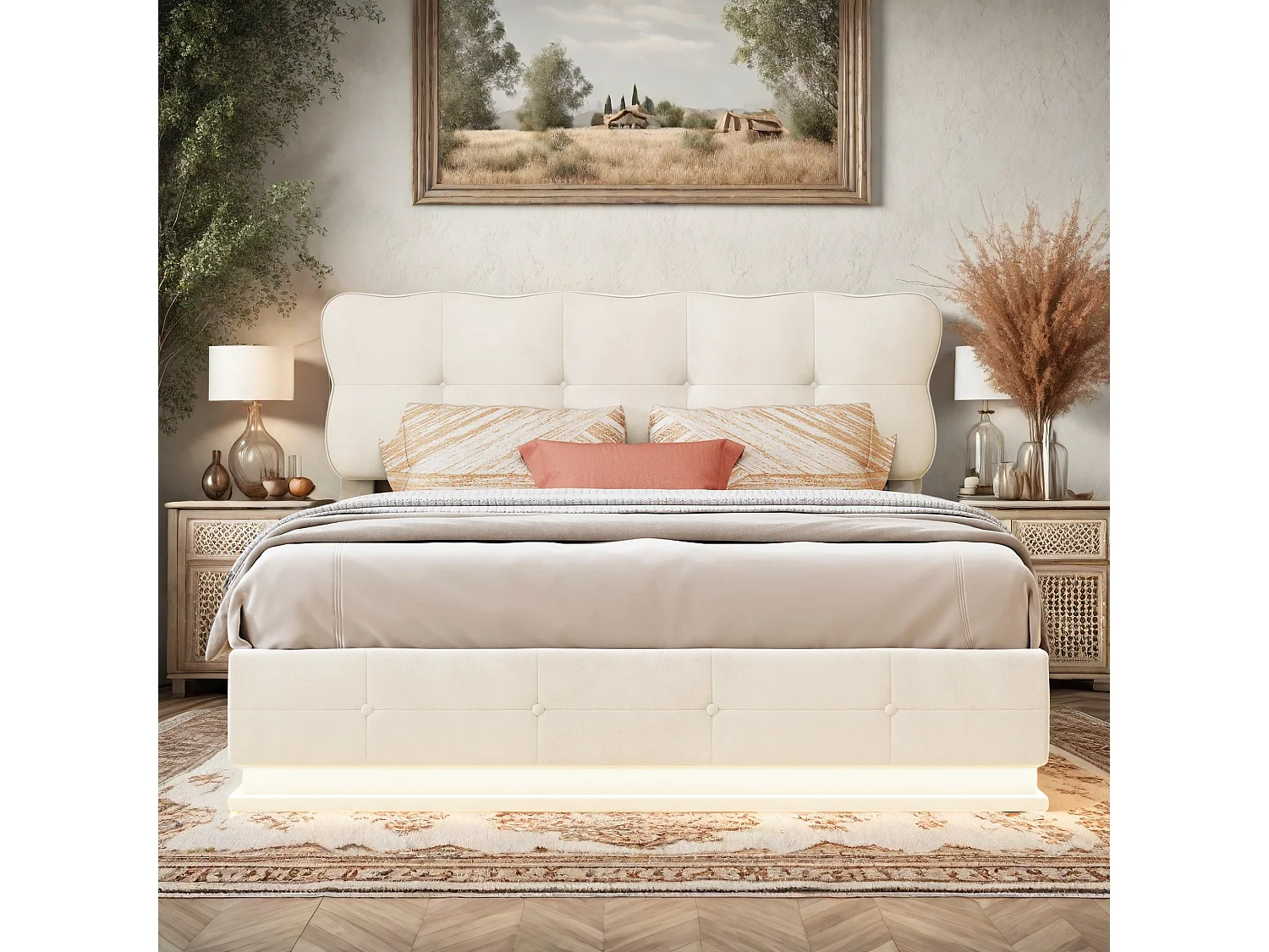 Lit Coffre avec Hydraulique rangement, Lumineuse LED, Lit Adulte 140x190 cm, Sommier à lattes, Beige, Tissu velours