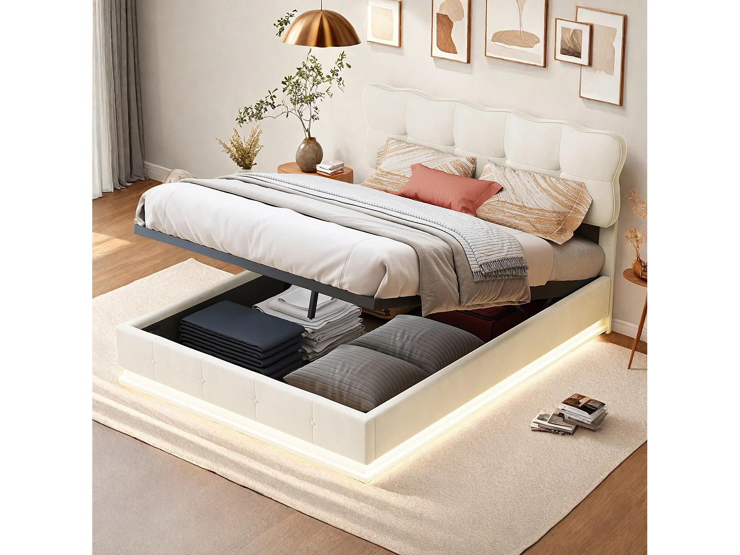 Lit Coffre avec Hydraulique rangement, Lumineuse LED, Lit Adulte 140x190 cm, Sommier à lattes, Beige, Tissu velours