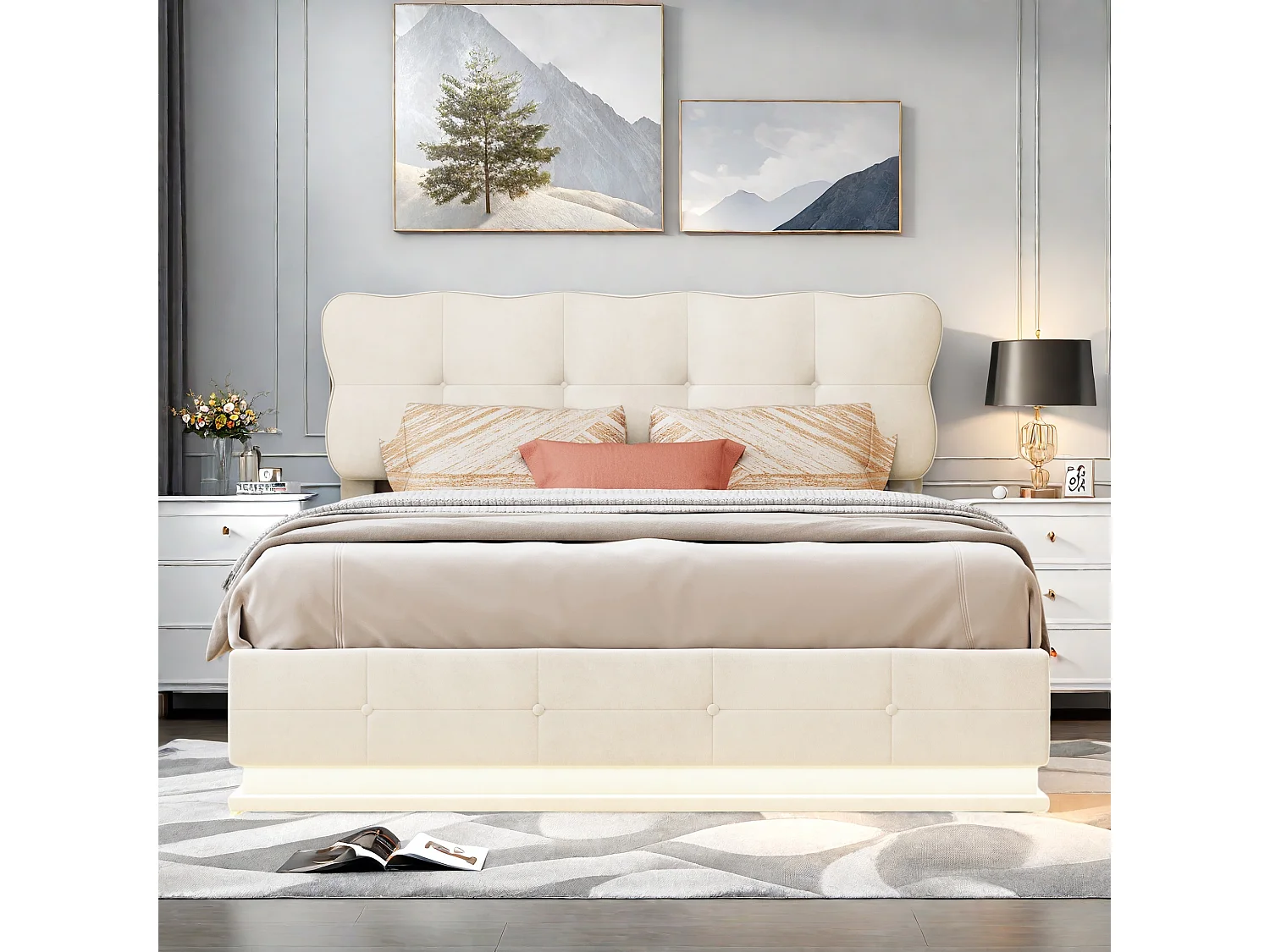 Lit Coffre avec Hydraulique rangement, Lumineuse LED, Lit Adulte 140x190 cm, Sommier à lattes, Beige, Tissu velours