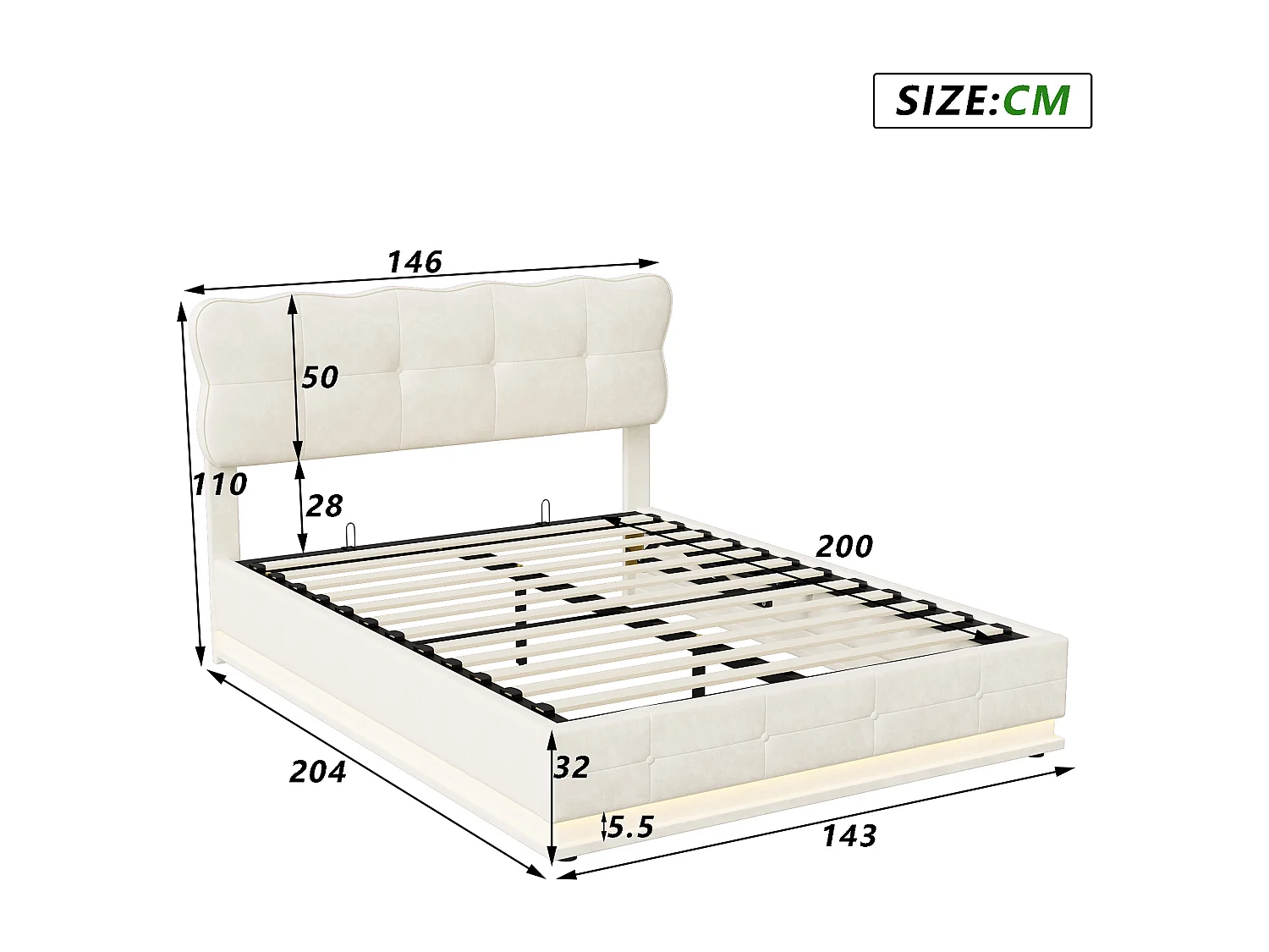 Lit Coffre avec Hydraulique rangement, Lumineuse LED, Lit Adulte 140x190 cm, Sommier à lattes, Beige, Tissu velours
