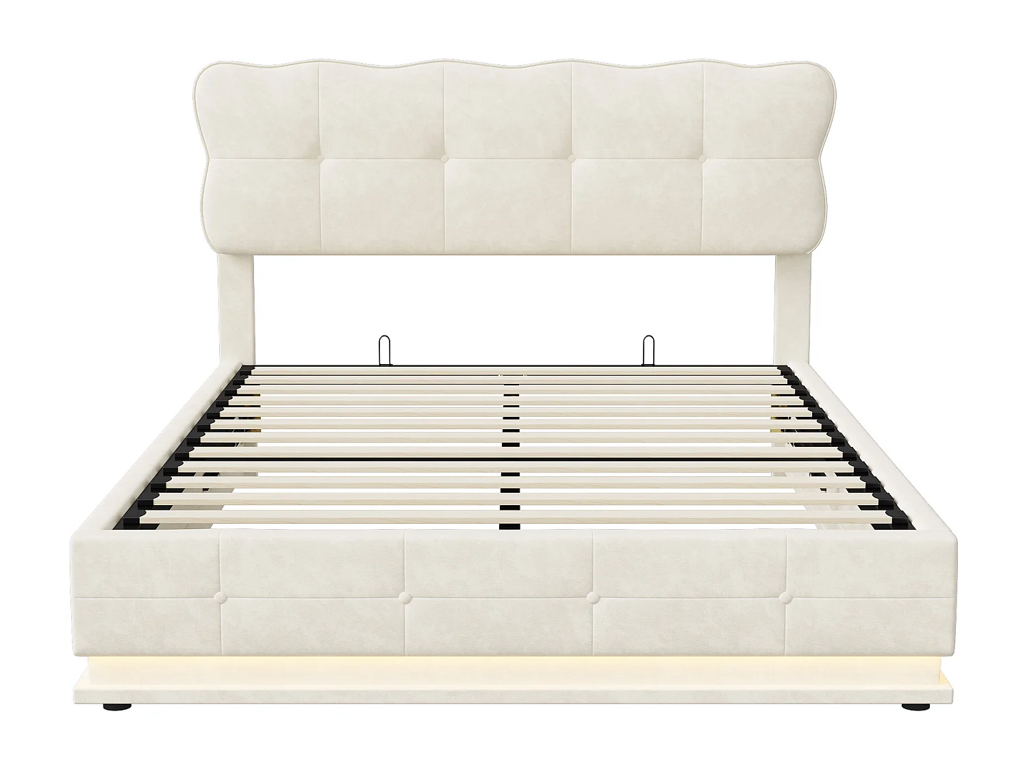 Lit Coffre avec Hydraulique rangement, Lumineuse LED, Lit Adulte 140x190 cm, Sommier à lattes, Beige, Tissu velours