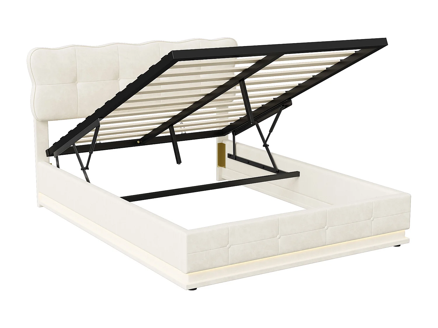 Lit Coffre avec Hydraulique rangement, Lumineuse LED, Lit Adulte 140x190 cm, Sommier à lattes, Beige, Tissu velours