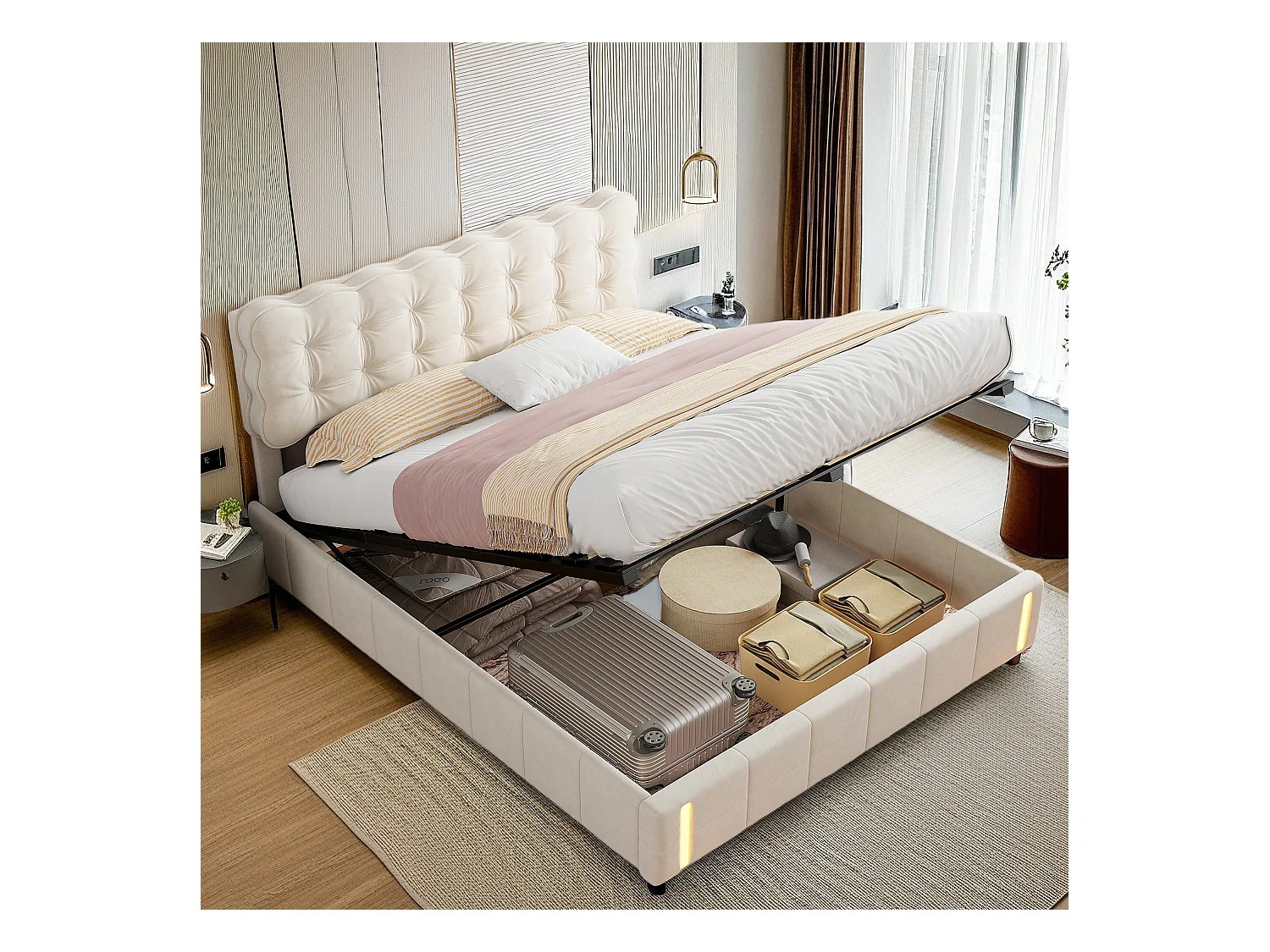 Lit coffre 140x200 avec sommier à lattes, Lit avec lumière à détection de mouvement au pied, tissu en velours, beige