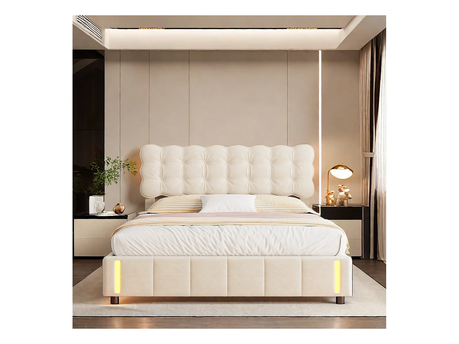 Lit coffre 140x200 avec sommier à lattes, Lit avec lumière à détection de mouvement au pied, tissu en velours, beige