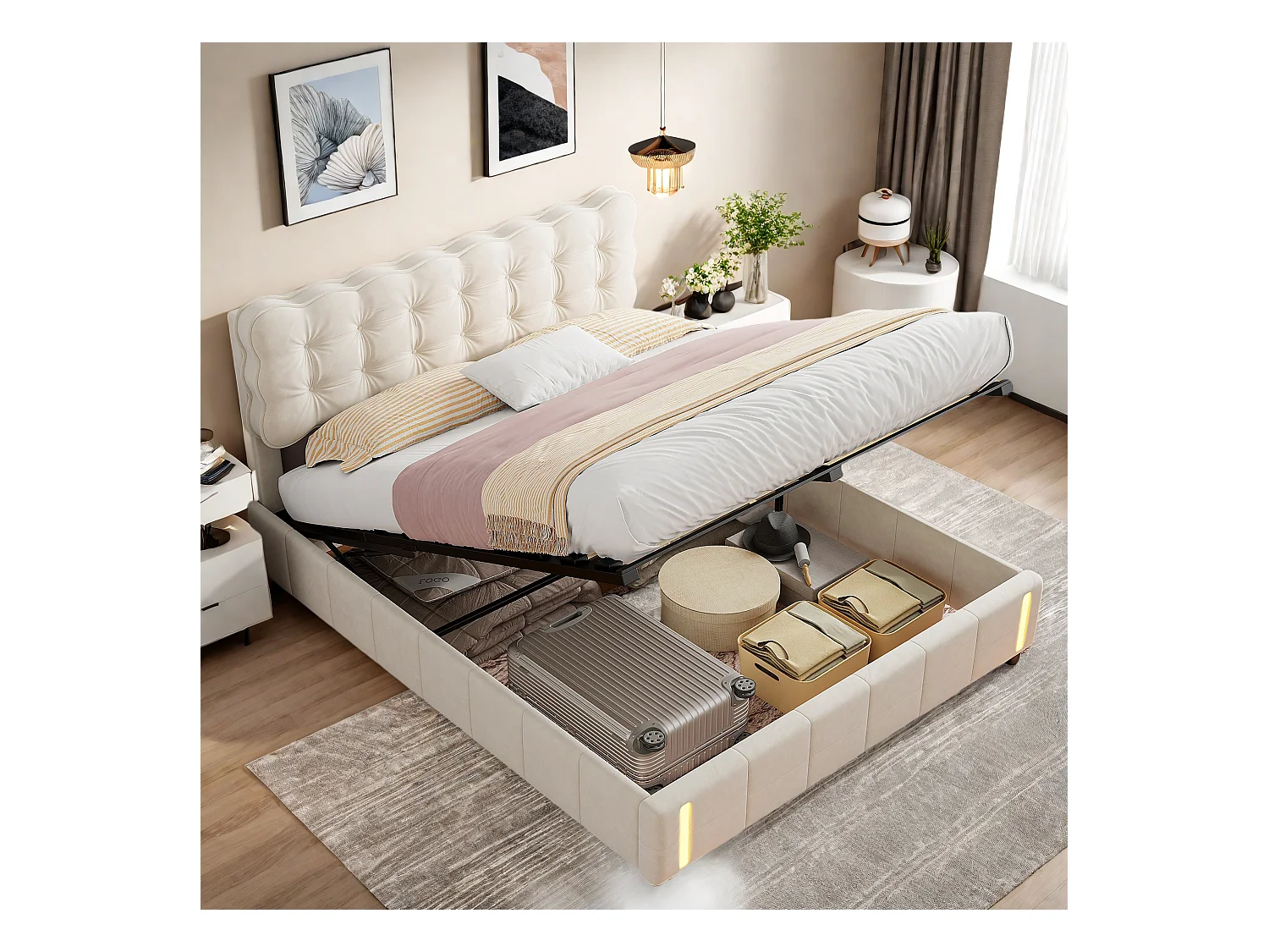 Lit coffre 140x200 avec sommier à lattes, Lit avec lumière à détection de mouvement au pied, tissu en velours, beige