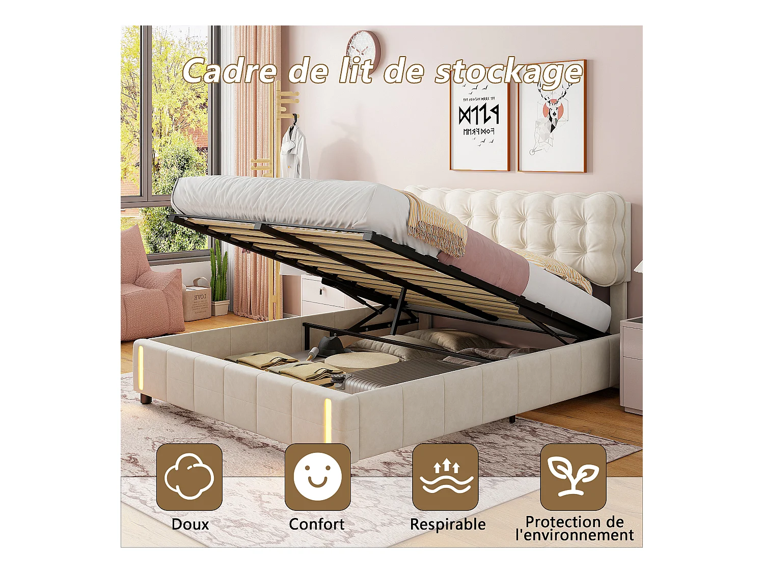 Lit coffre 140x200 avec sommier à lattes, Lit avec lumière à détection de mouvement au pied, tissu en velours, beige